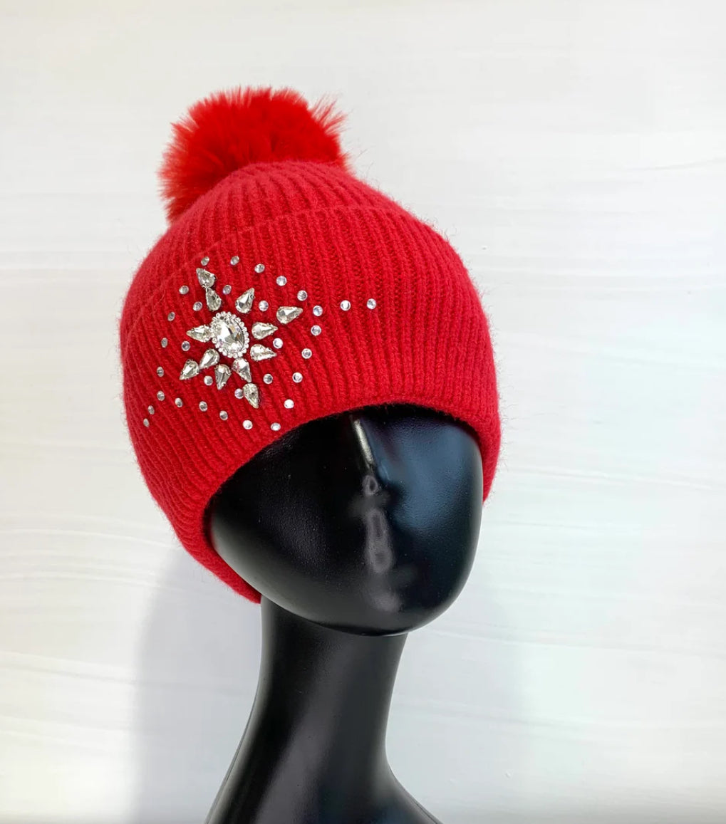 Crystal Star Pom Beanie – Crimson Red