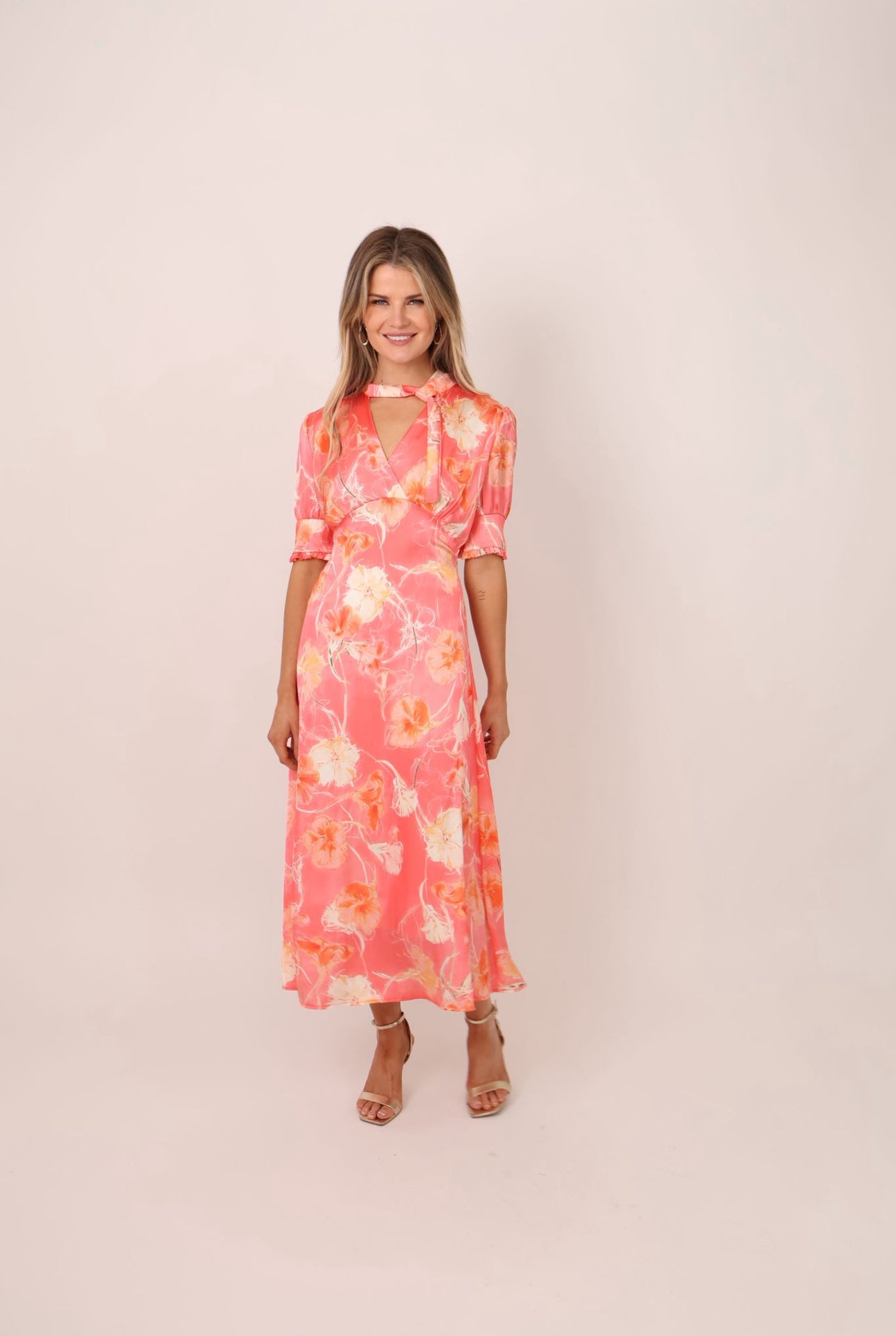 Kate & Pippa kimber coral blossom tie neck midi dress