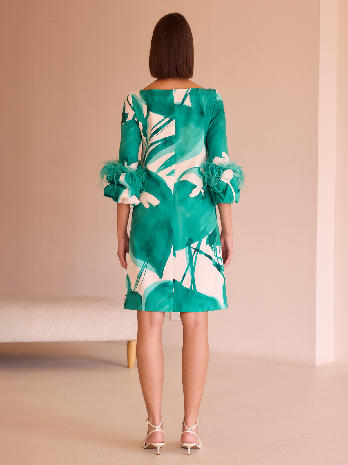 Carla Ruiz – Green Abstract Print Dress with Feather Cuff Detail 52570