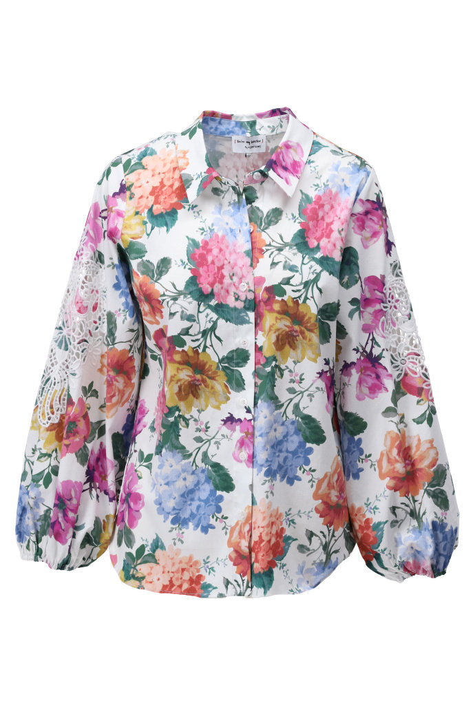 K design C726L 🌸 Floral Print Shirt with Lace Sleeve Detail – Multi