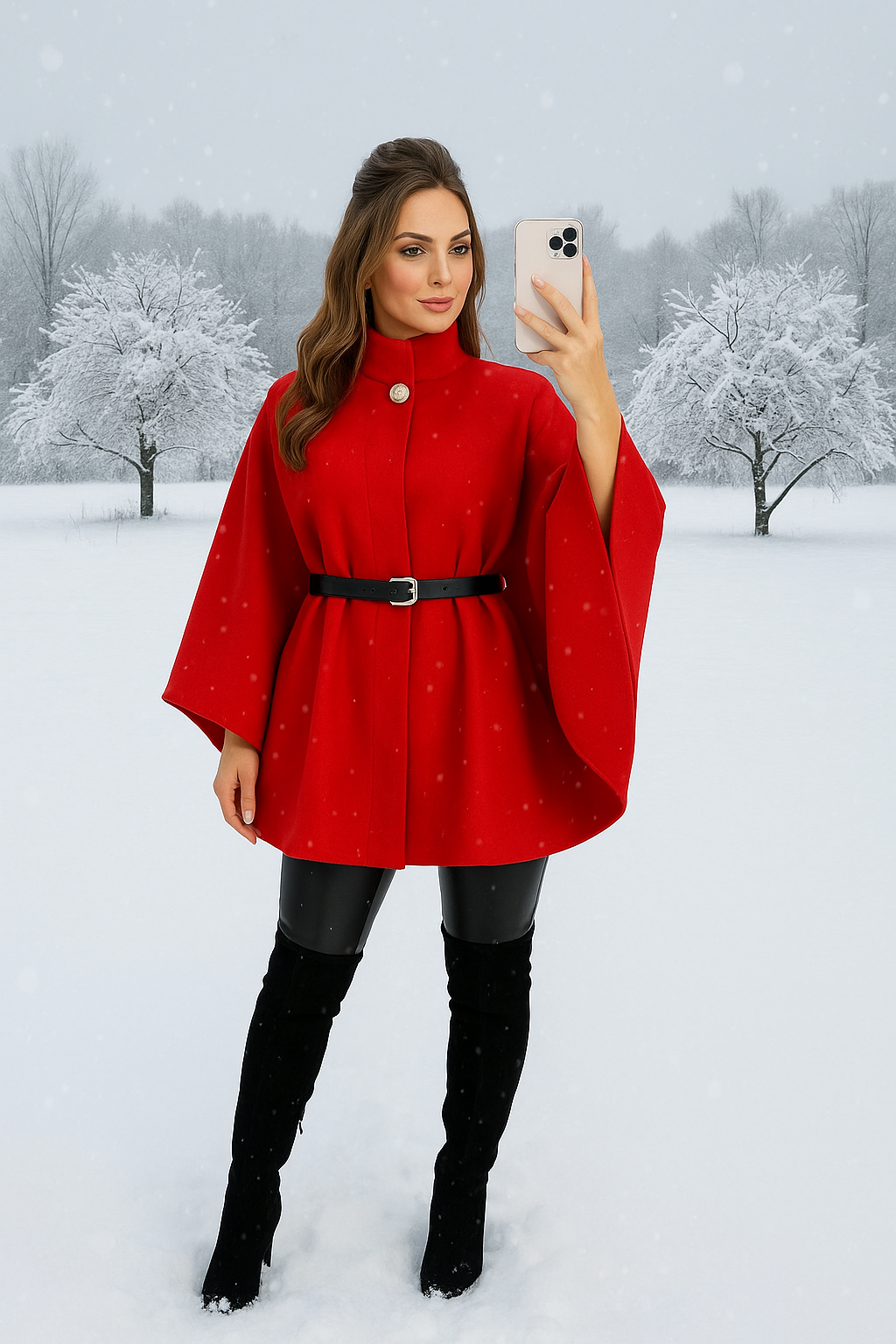 Elegant red Wool Cape with Belt & Gold Button Detail