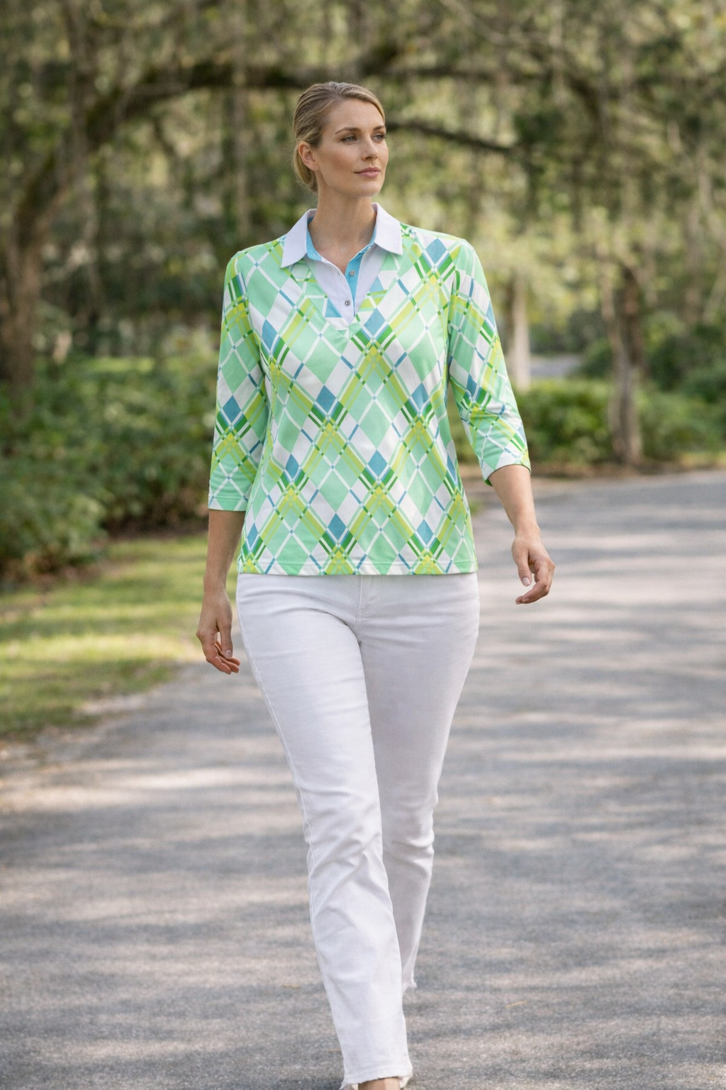 Yew Printed Collar Top – Fresh Green Mix