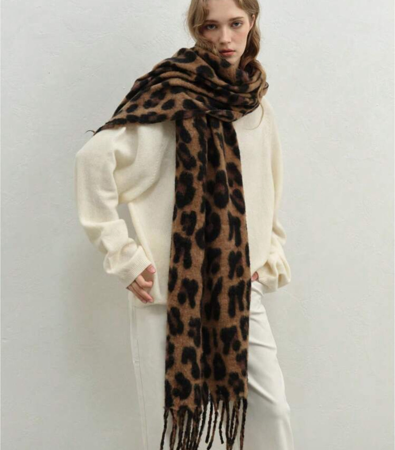Leopard print oversized fringe scarf