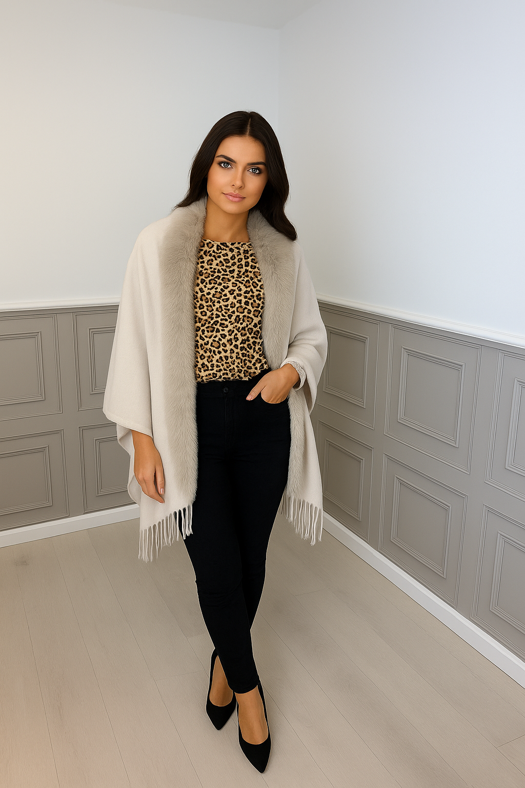 Beige Luxury Faux Fur Trim Cape