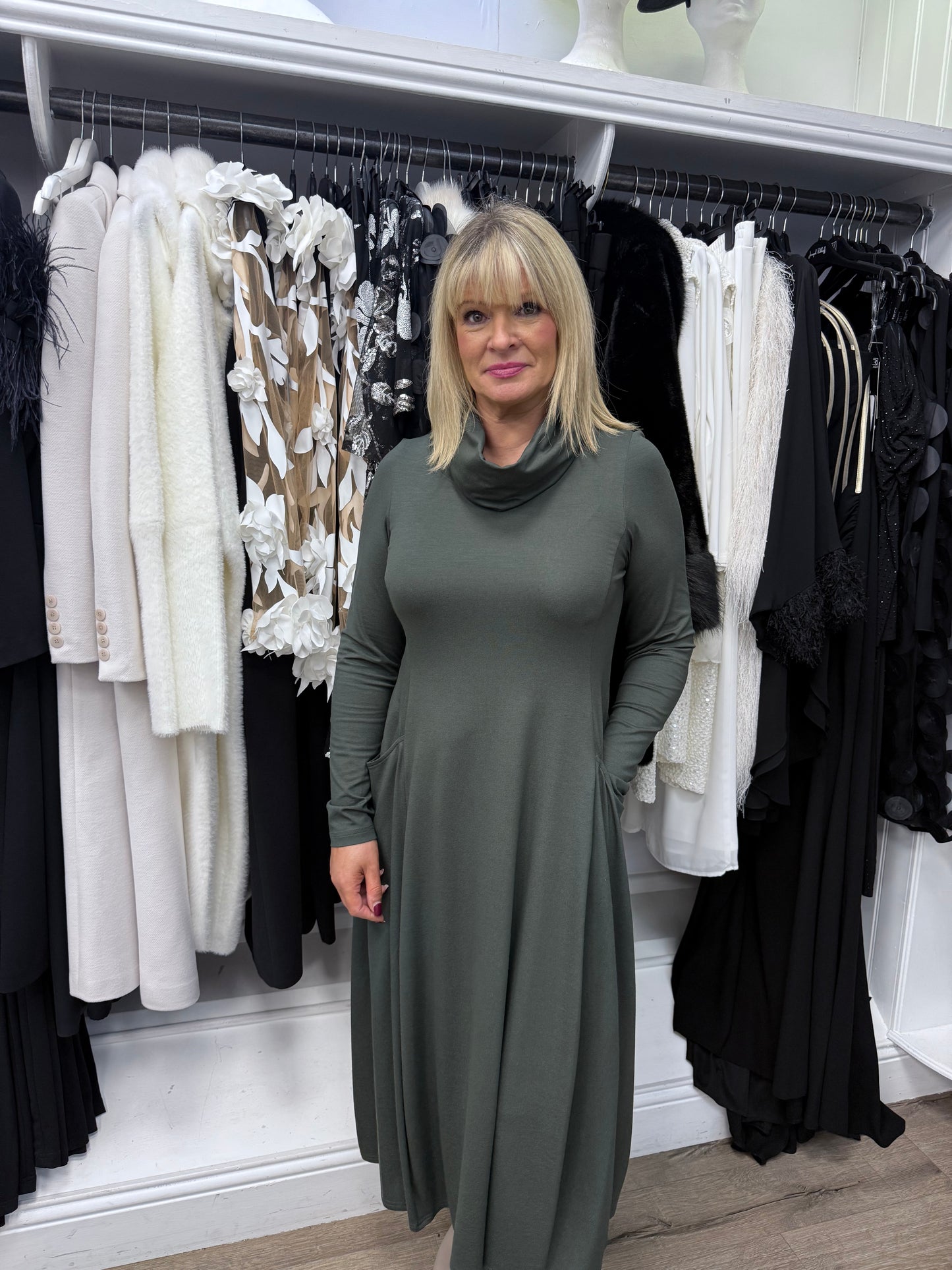 ⸻
Noen Cowl Neck Pocket Dress