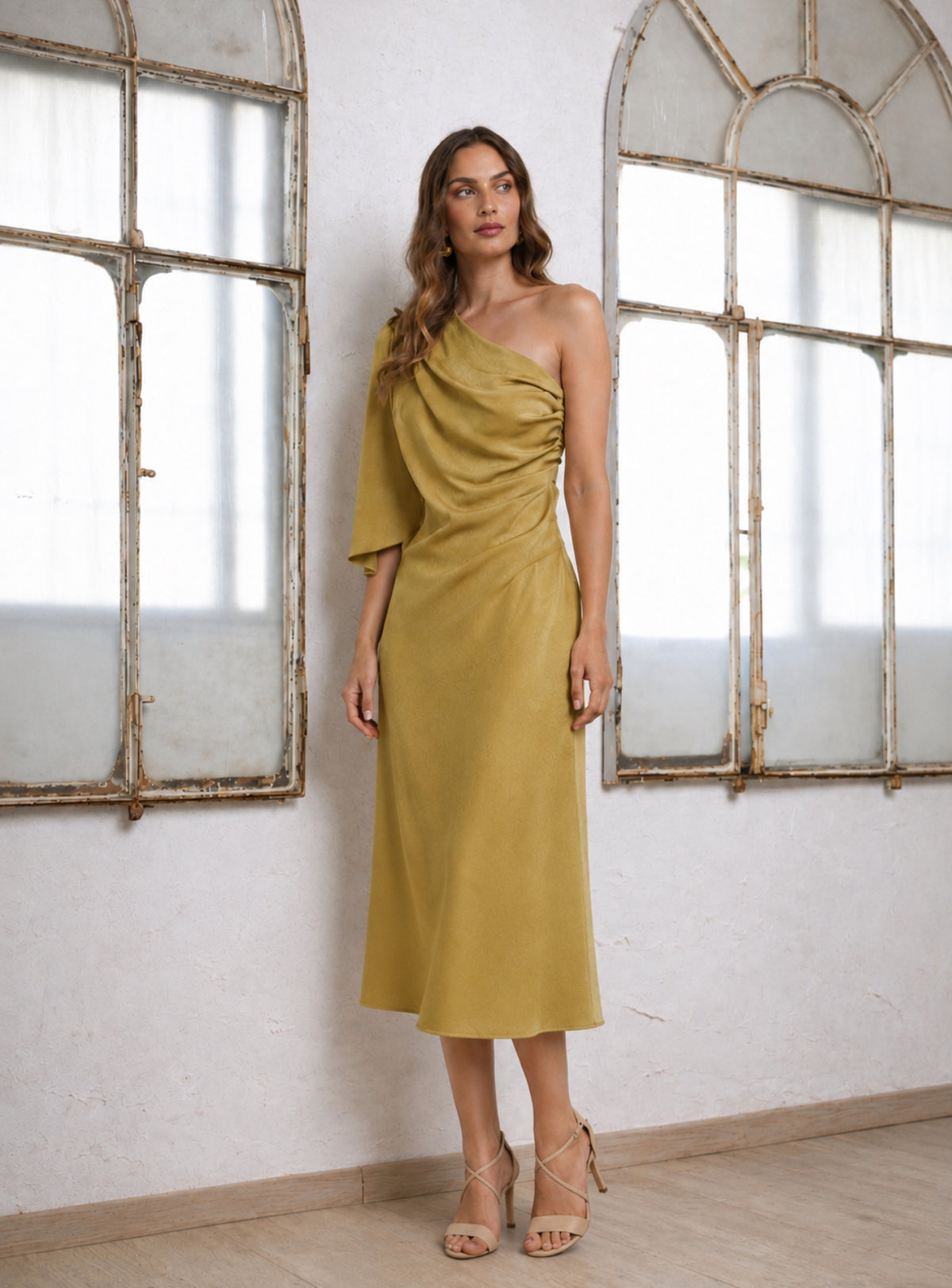 Role mode gold one shoulder dress