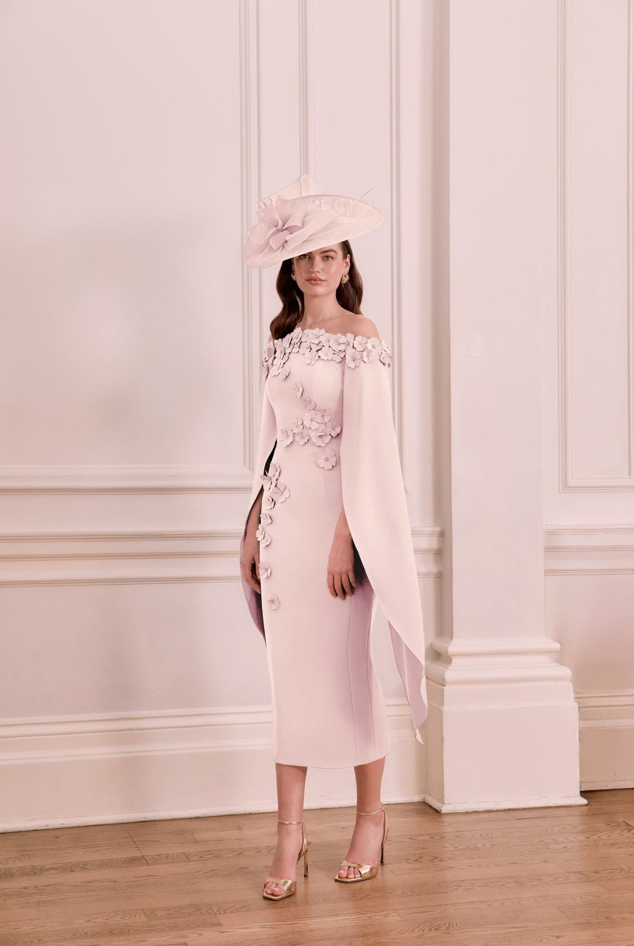 NEW John Charles 29368 Cape sleeve Off-shoulder midi dress in petal(coming soon)
