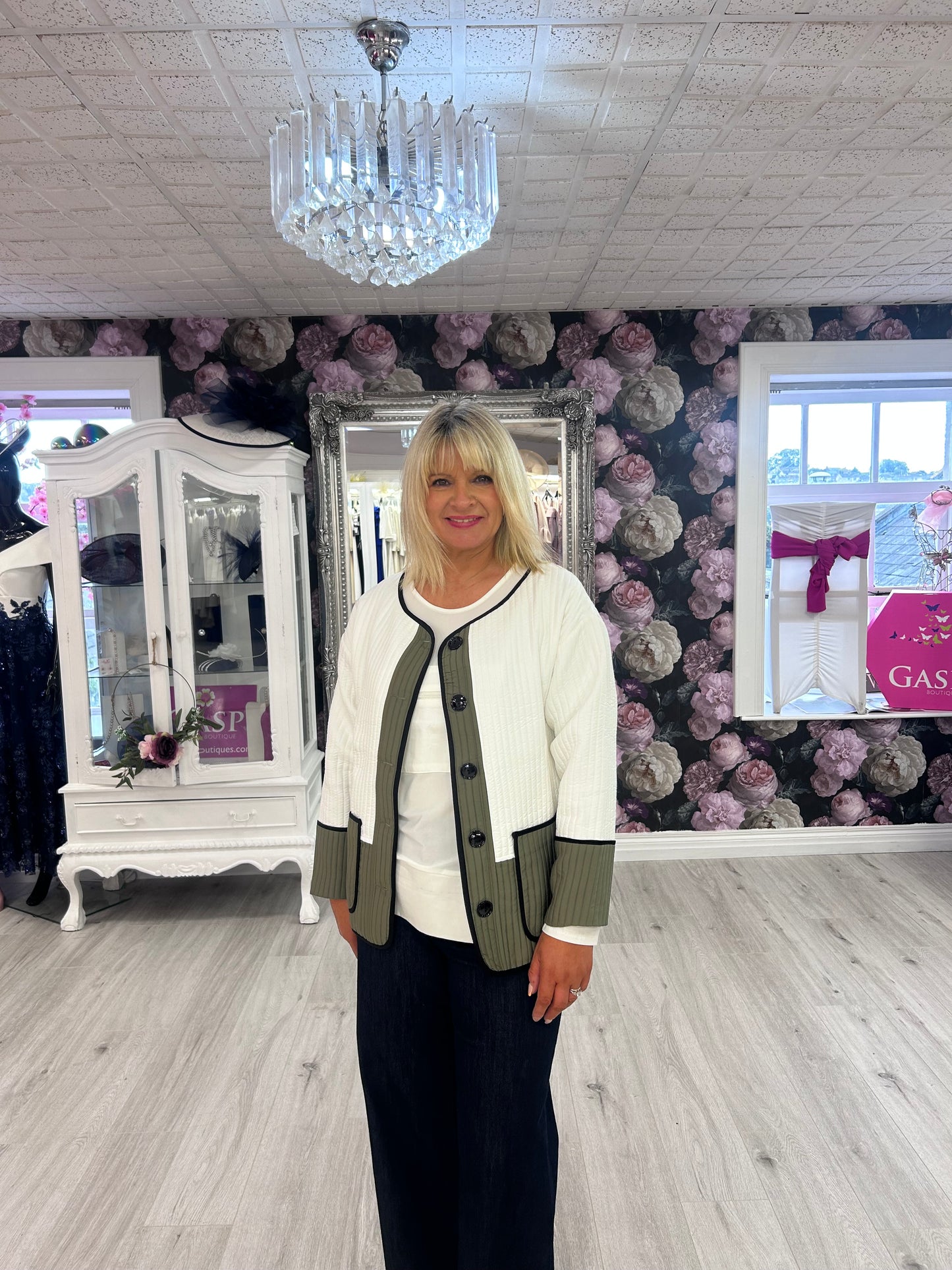 Inco Cream cardigan with Olive green.