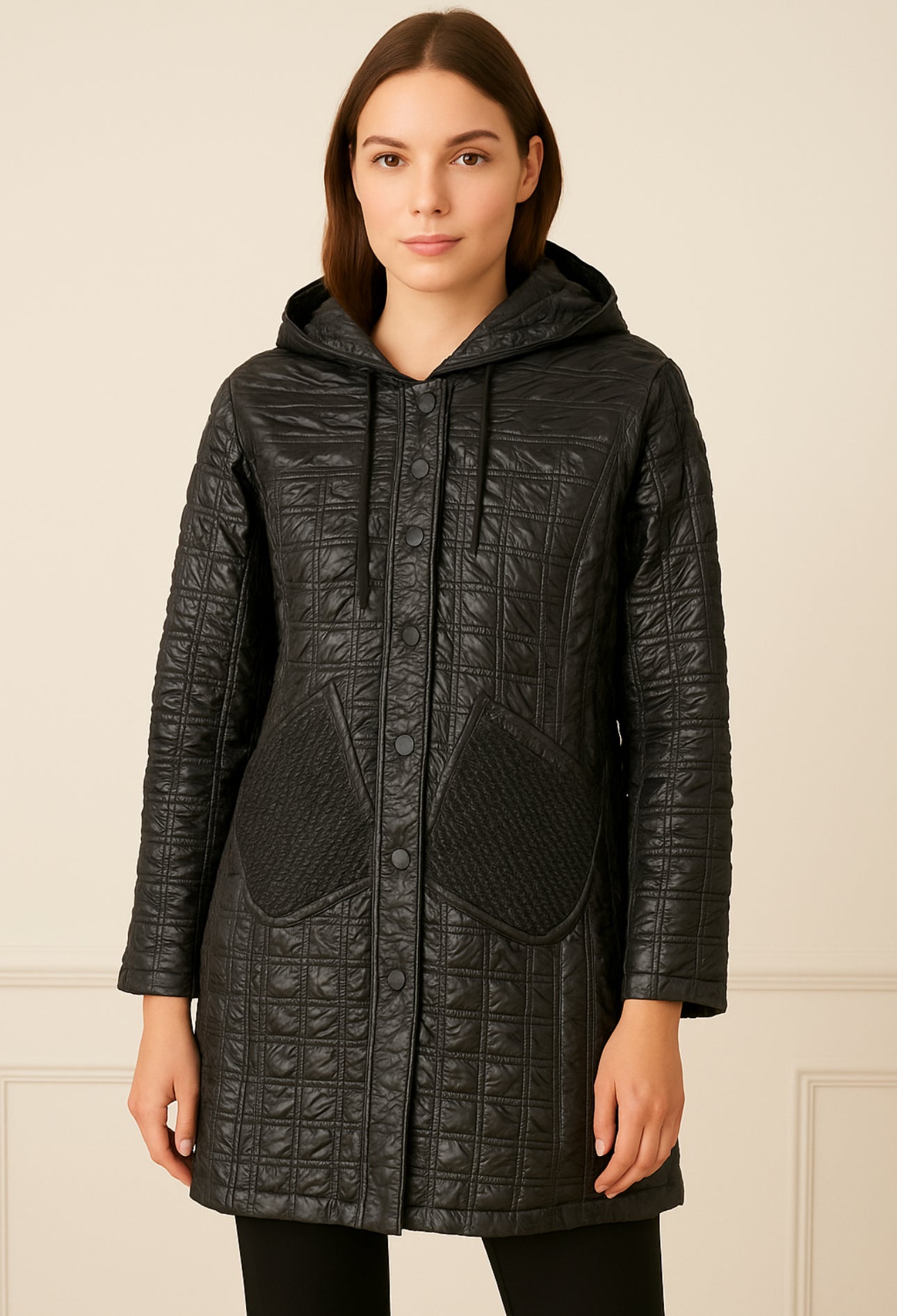 I.nco black quilted hooded coat with net detail pockets- I-24AW-6059-02