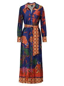 K Design Maxi Shirt Dress in Bold Navy & Orange Print – Style B119