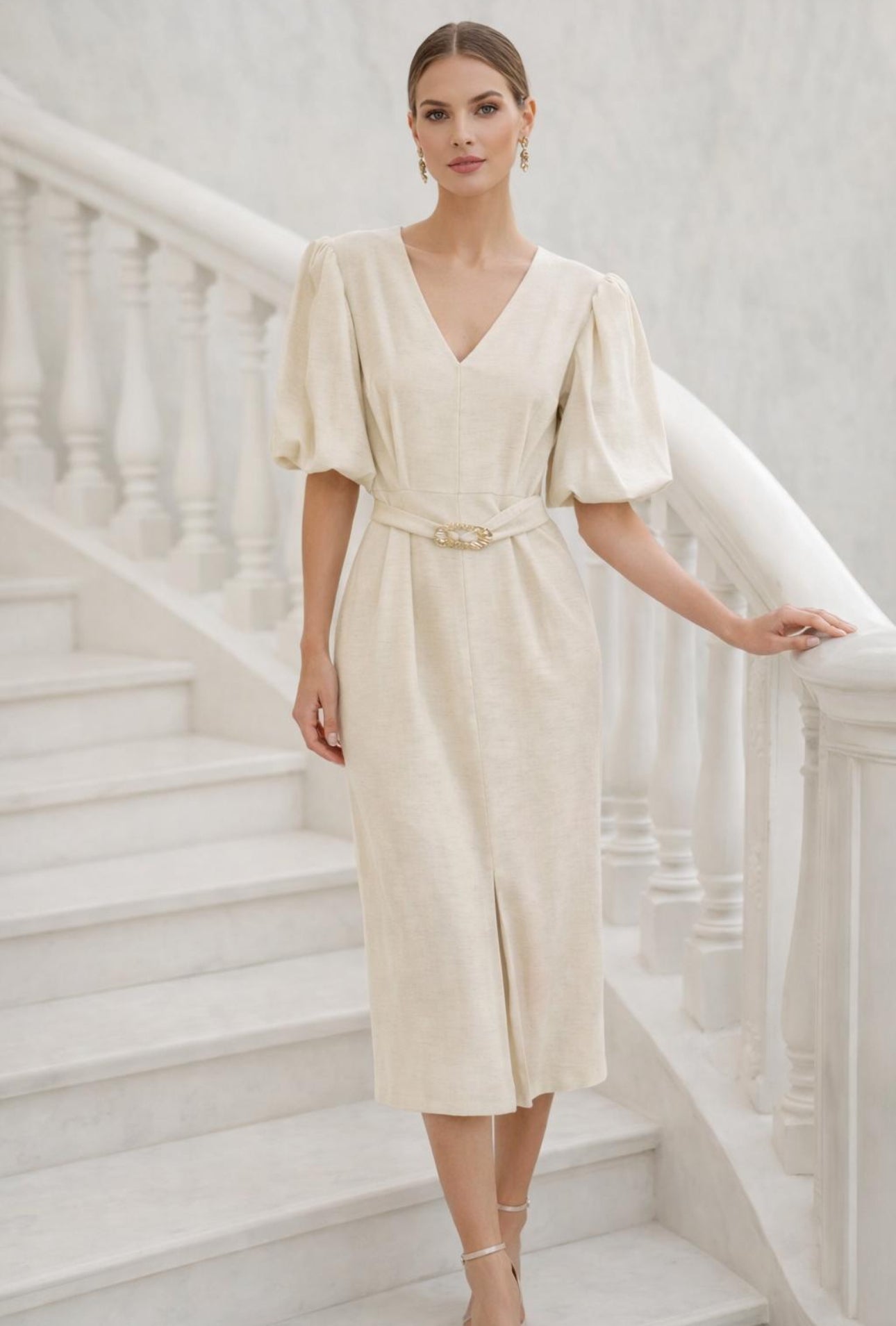 Role mode ivory linen midi dress