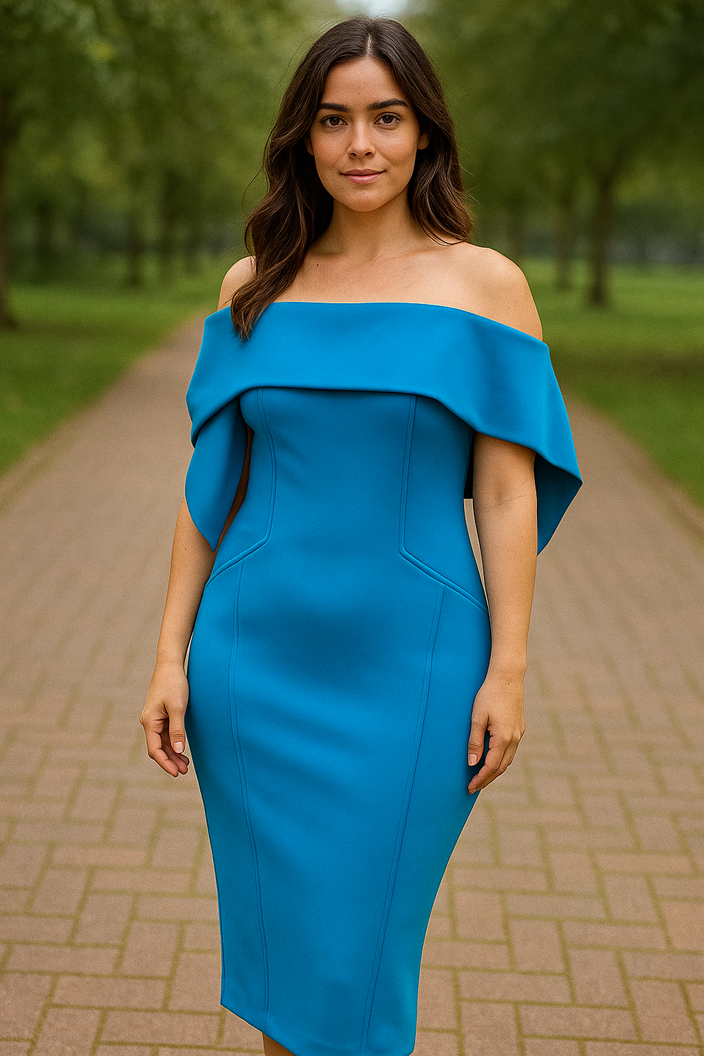: Turquoise Off-Shoulder Sculpted Midi Dress