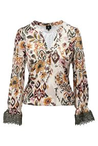 K Design Floral Print Blouse with Khaki Crochet Cuffs – Style B115