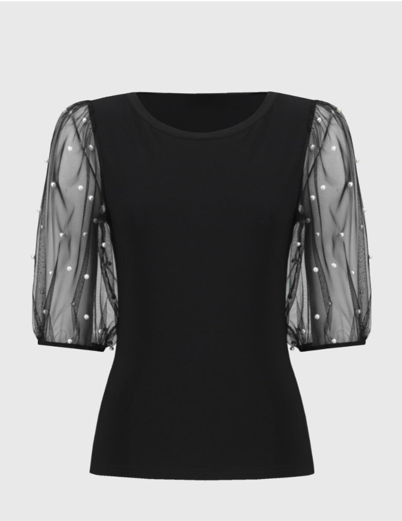 Silky Knit Top With Embellished Mesh Sleeves 244189
