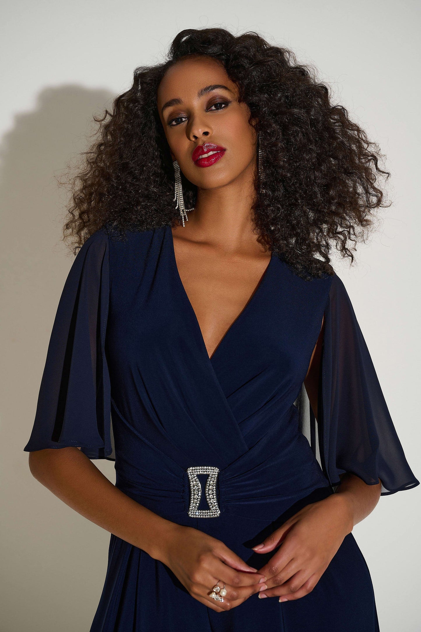 JOSEPH RIBKOFF 253723 Signature | Silky Knit & Chiffon Wide Leg Jumpsuit with Cape