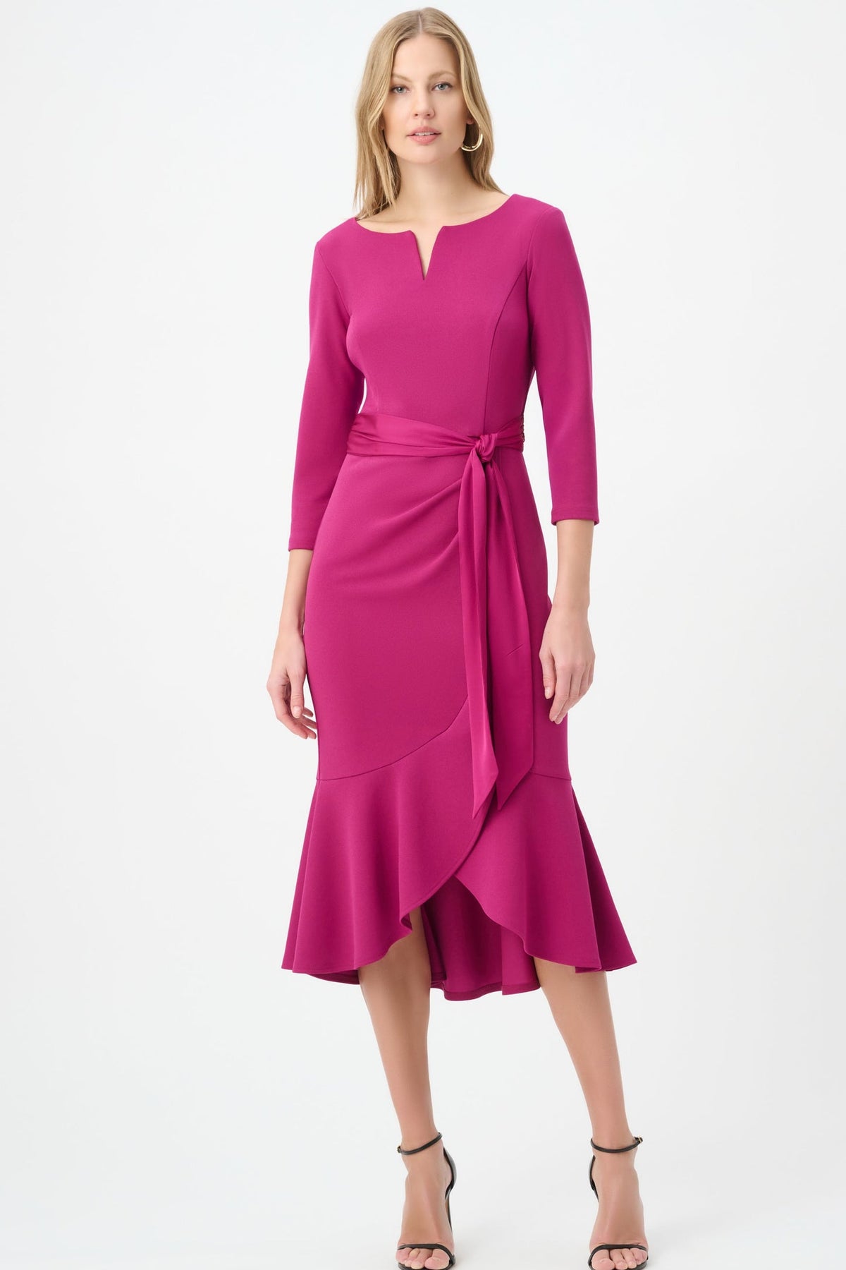 JOSEPH RIBKOFF Deep magenta trumpet  Dress with satin sash 264711