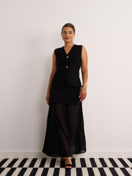 Black sheer pleated maxi skirt