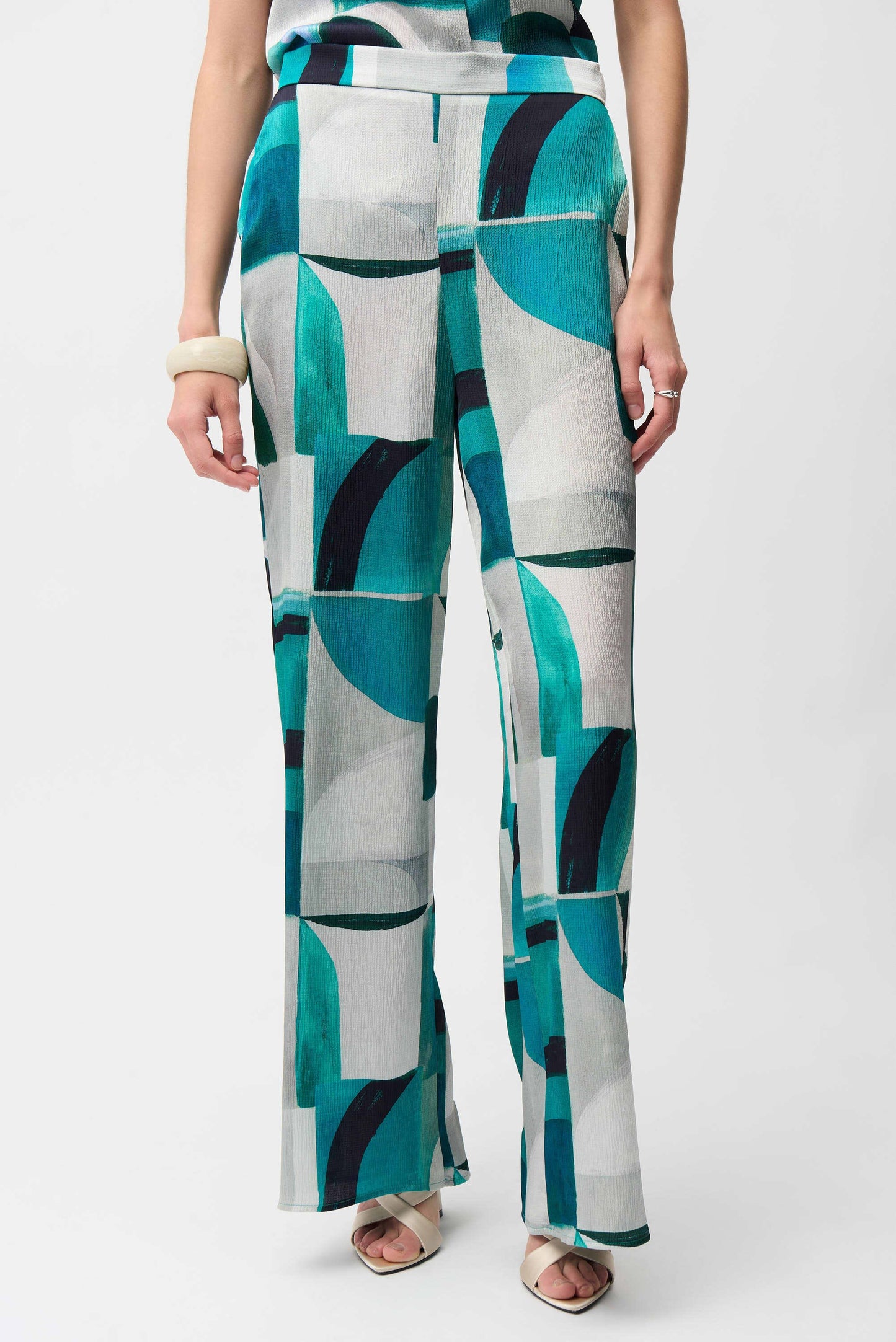 JOSEPH RIBKOFF 261042 Textured Satin Geometric Print Wide Leg Pull-On Pants