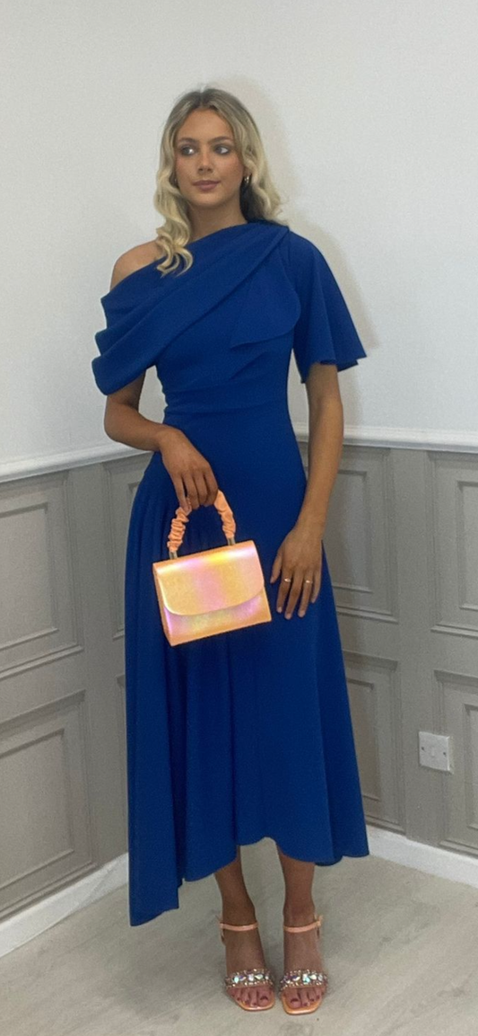 Venice royal blue dress with removable scarf.