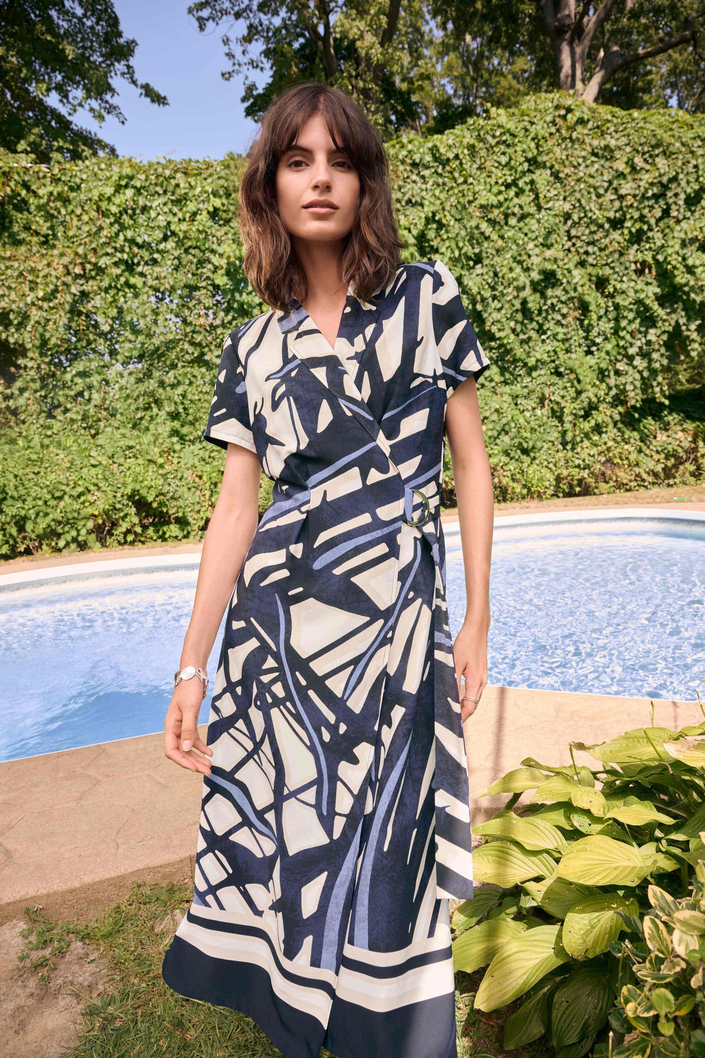 JOSEPH RIBKOFF 262128 Recycled Woven Abstract Print Shirt Dress