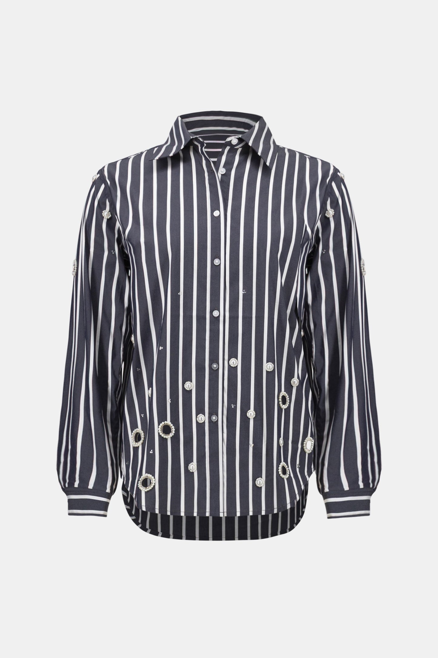 Stretch Cotton Stripe Print Boxy Blouse With Rhinestones
261966