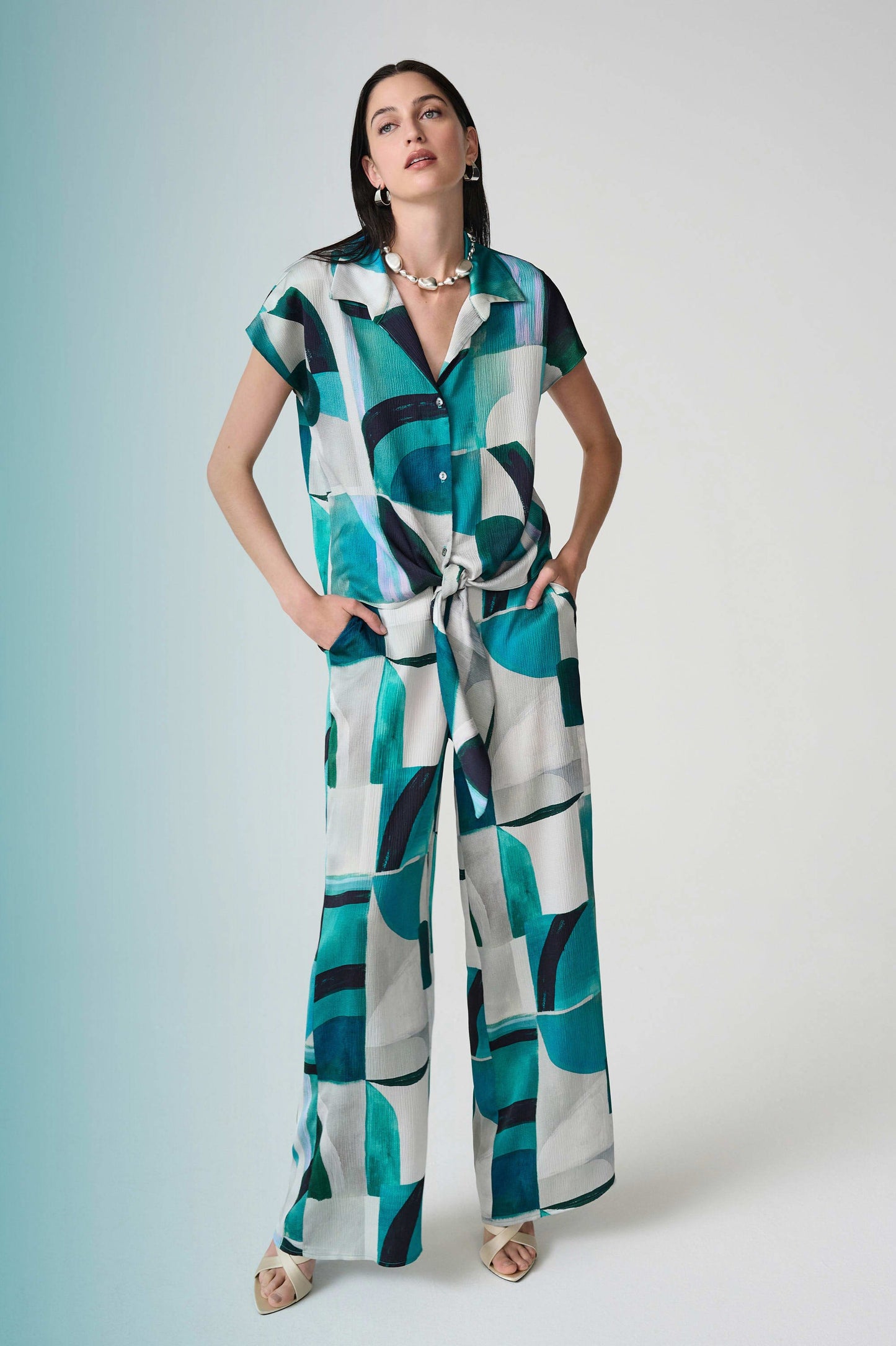 JOSEPH RIBKOFF 261042 Textured Satin Geometric Print Wide Leg Pull-On Pants