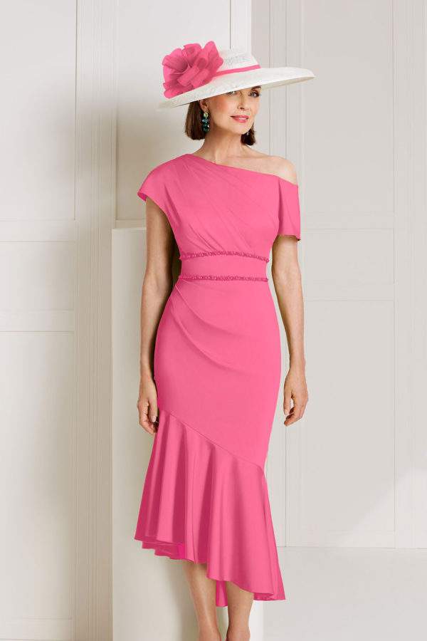 John Charles 66513 Midi Dress With Asymmetric Neckline And Fluted Skirt in Tulip - 66513 SALE!