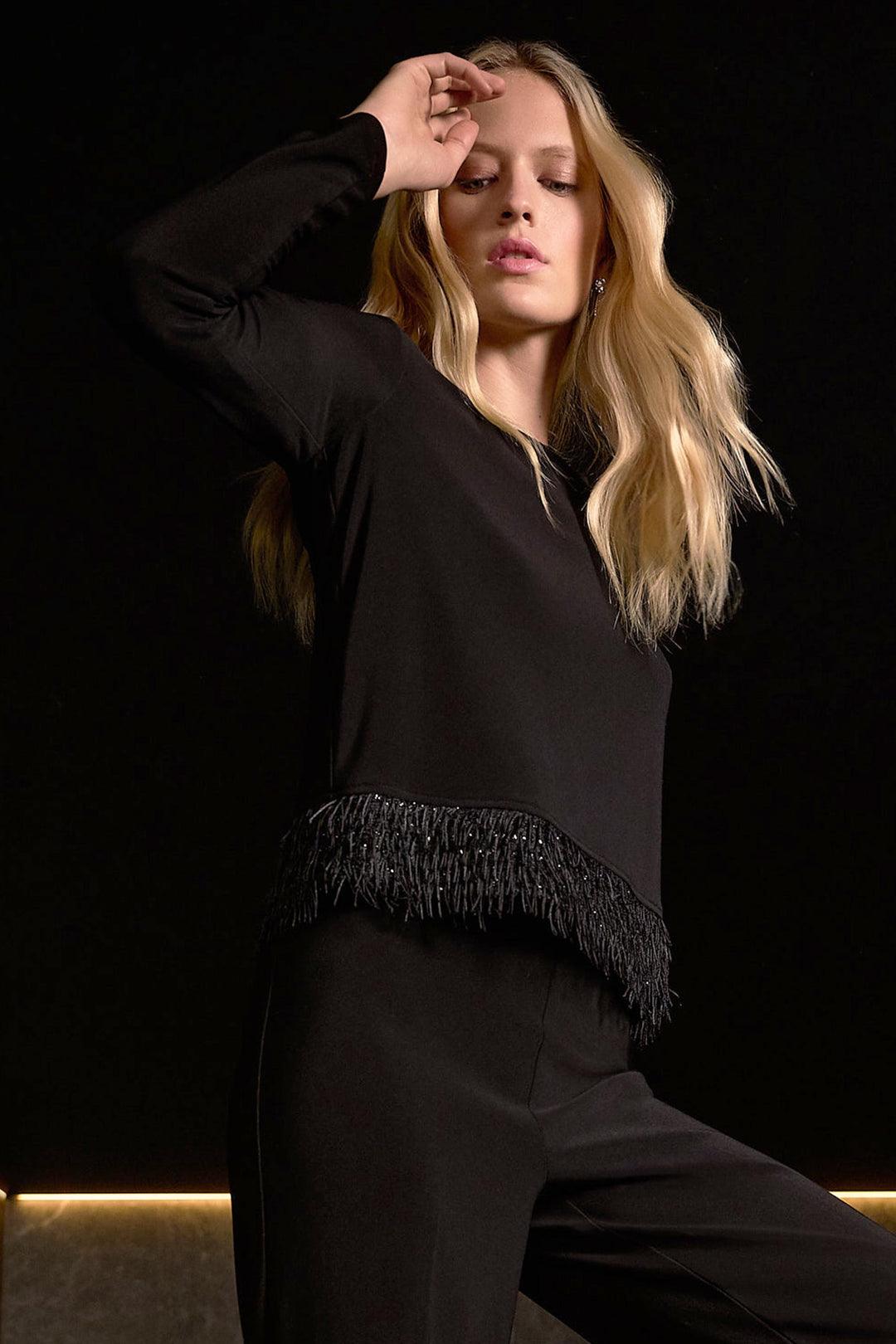 Joseph Ribkoff Black Top with Novelty Fringe.