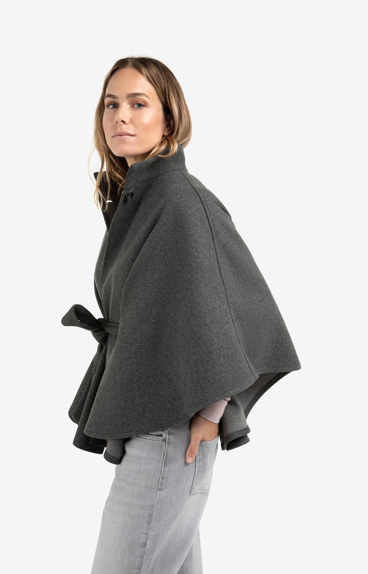 YAYA soft woven poncho with collar and belt in dark night grey melange