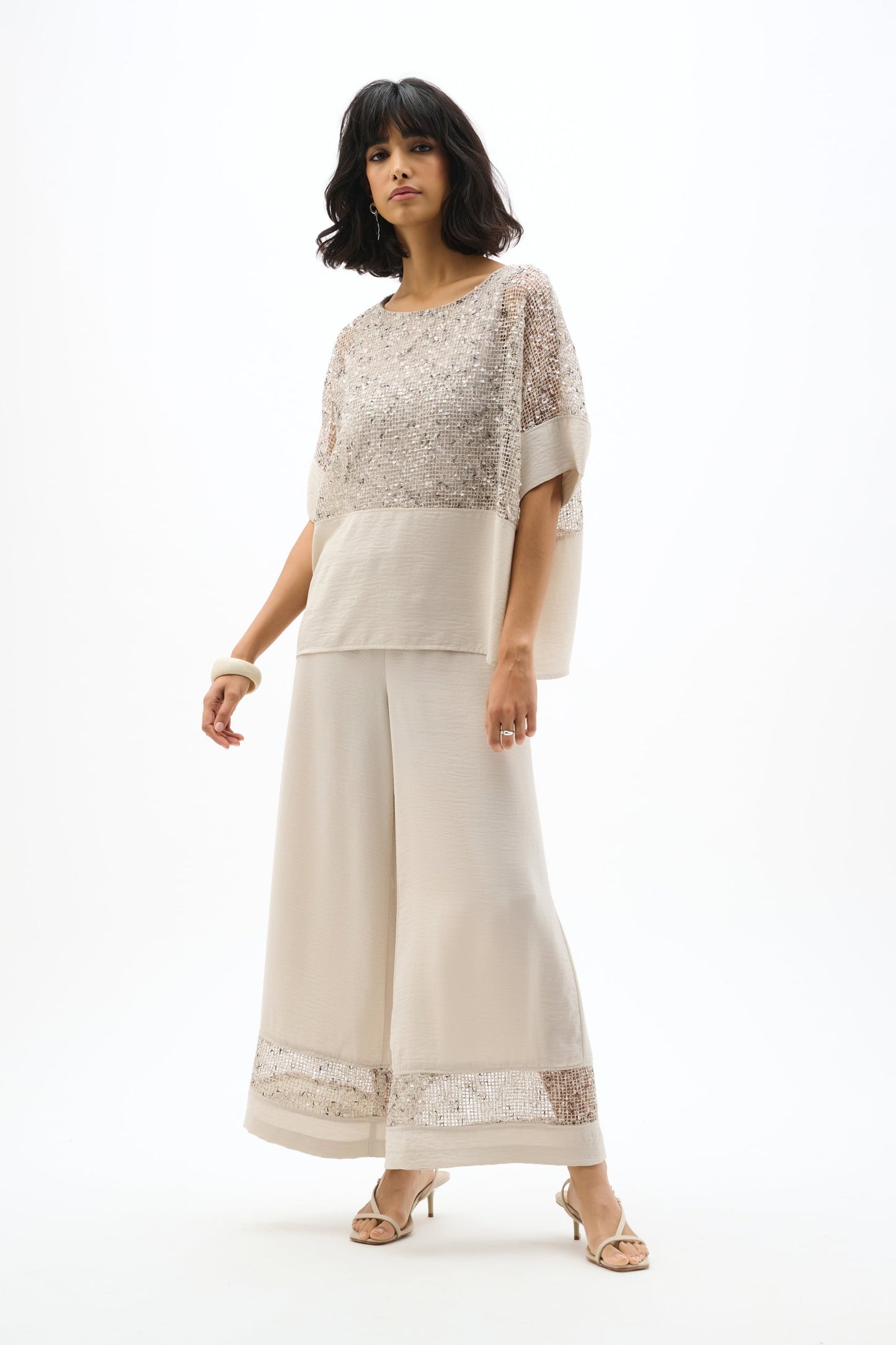 JOSEPH RIBKOFF 262253 Gauze Pull-On Culotte Pants With Sequinned Mesh Inserts