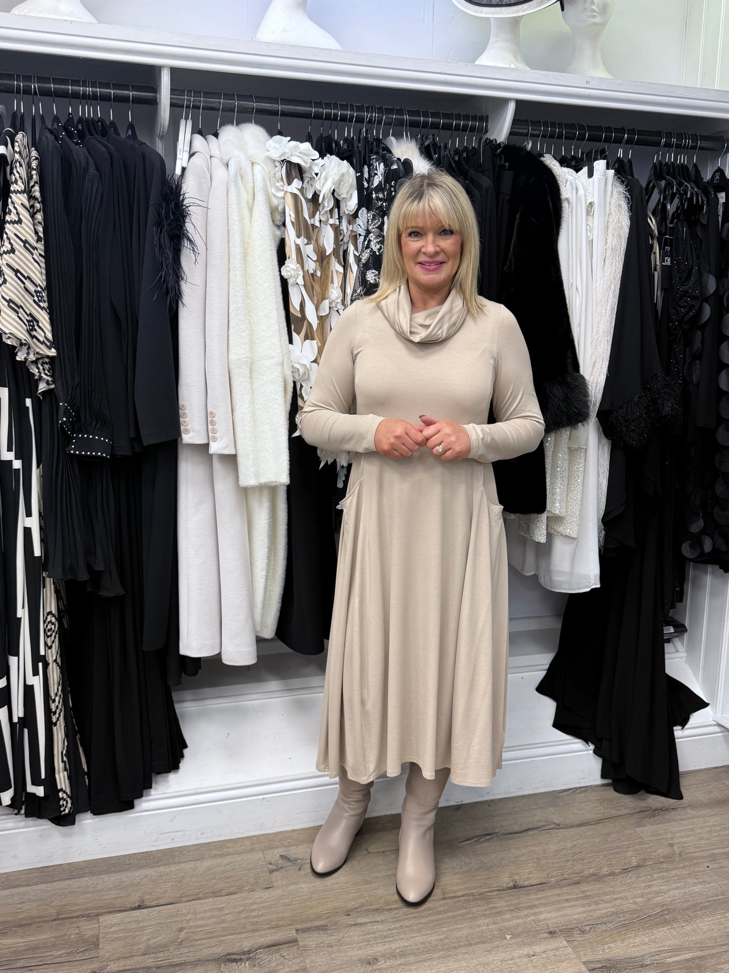 Noen Cowl Neck Pocket Dress – Relaxed A-Line Midi