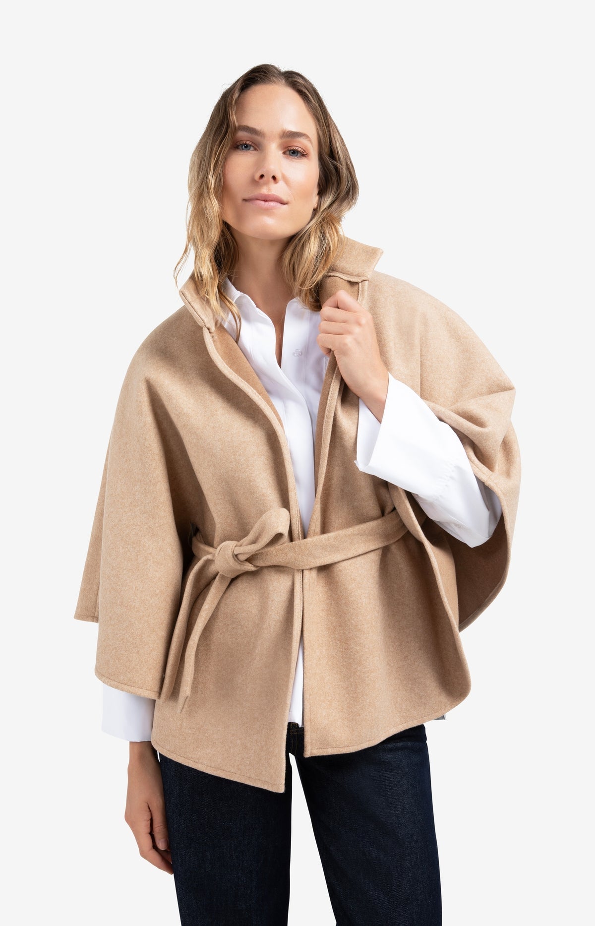 YAYA soft woven poncho with collar and belt in light camel melange