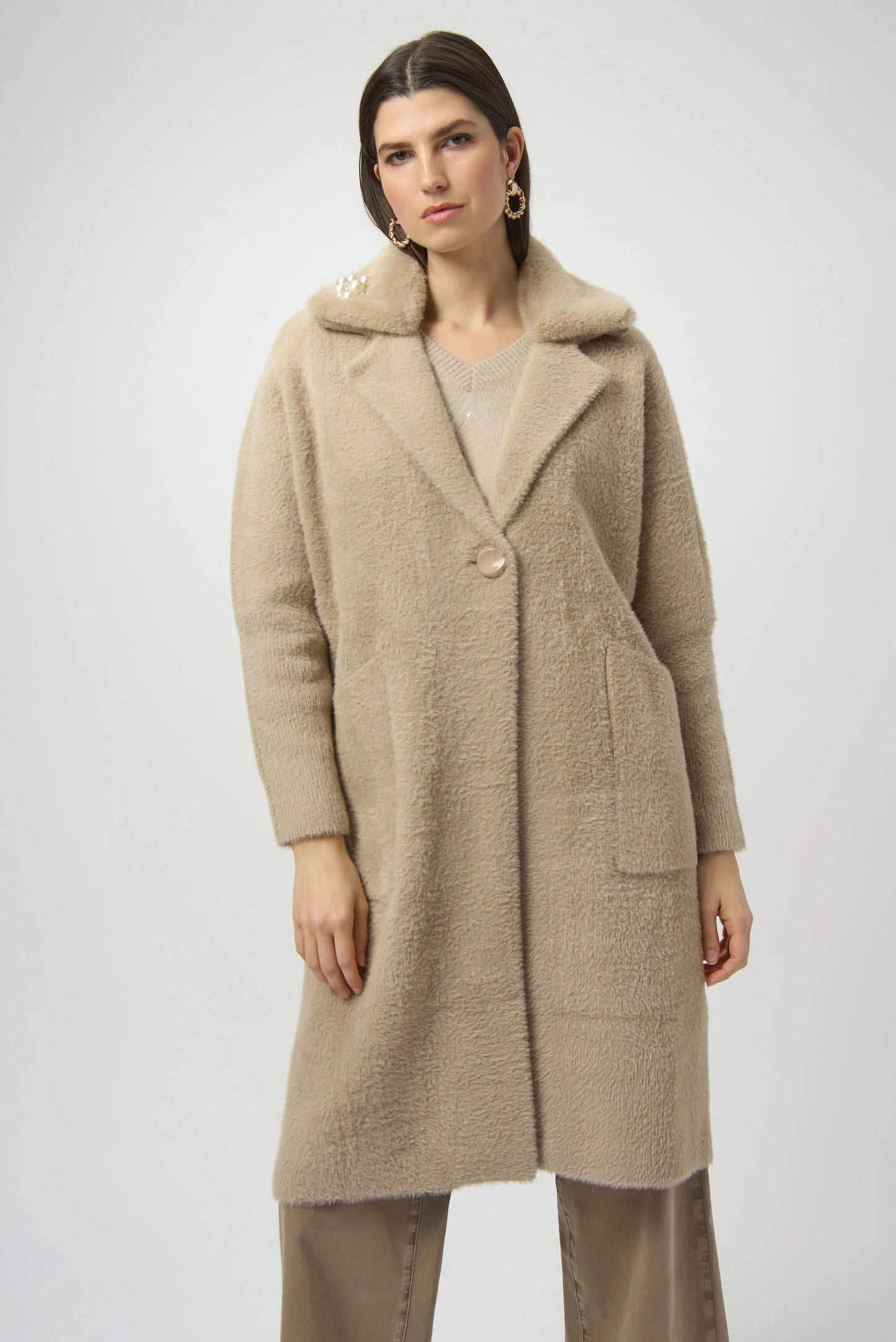 JOESPH RIBKOFF Feather Yarn and Faux Fur Sweater Coat