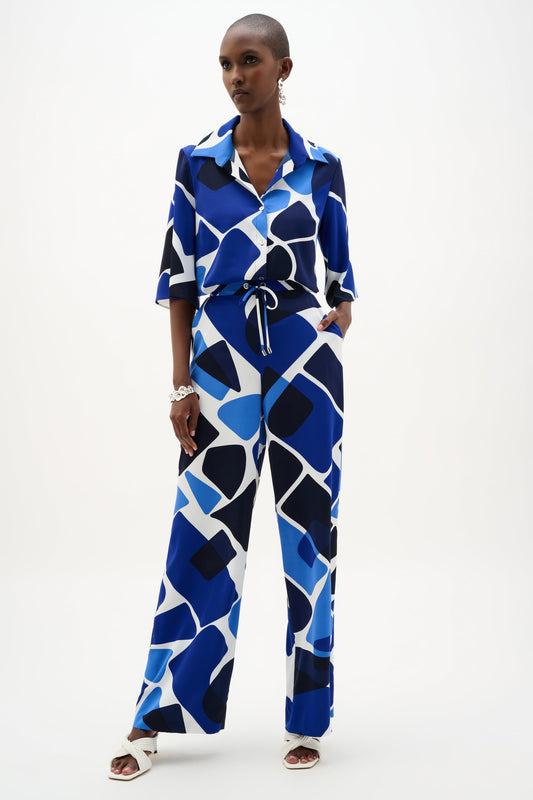 JOSEPH RIBKOFF 262155 Recycled Woven Geometric Print Wide Leg Pull-On Pants