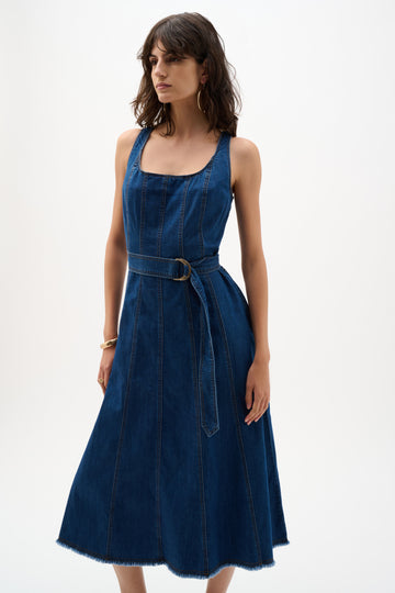 JOSEPH RIBKOFF Denim Fit And Flare Midi Dress With Belt 262901