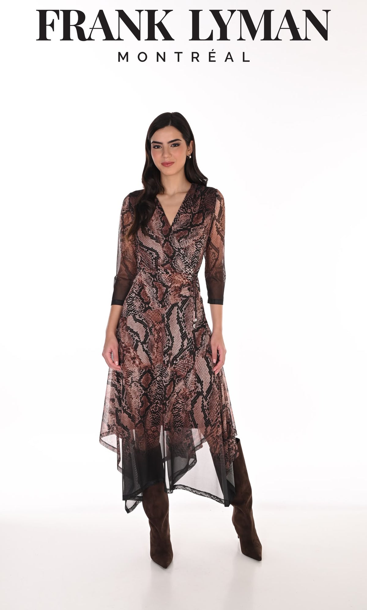 Title: Frank Lyman Brown Snake Print Asymmetric Mesh Dress