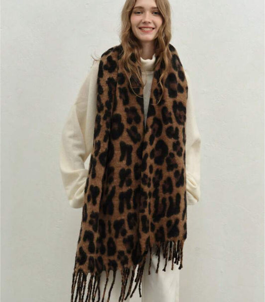 Leopard print oversized fringe scarf