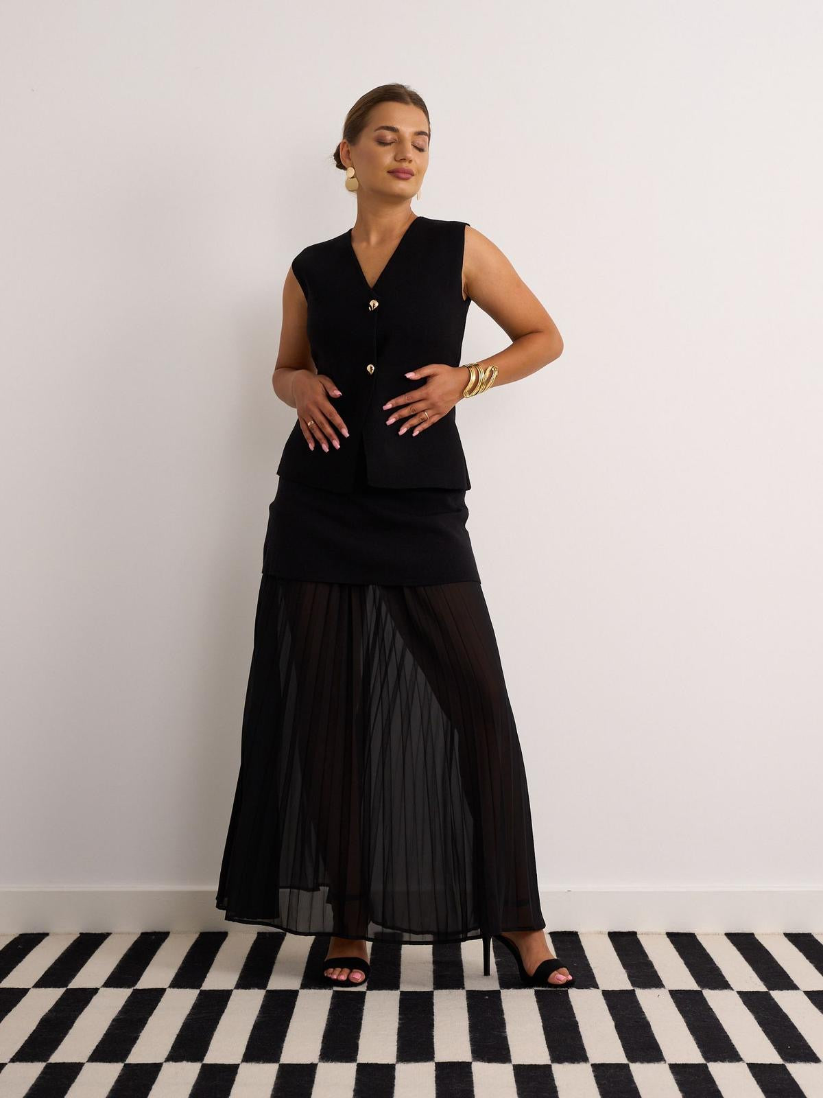 Black sheer pleated maxi skirt