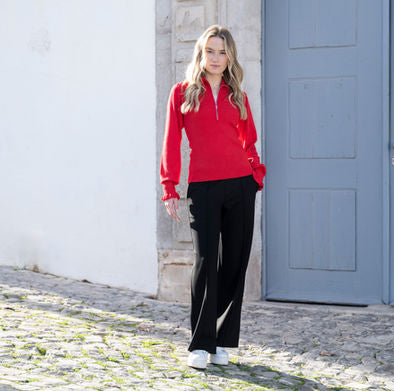 Marble Textured  red Half-Zip Sweater with Frill Detail – Colour 8015/109