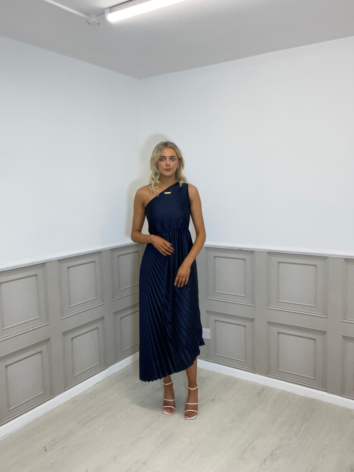 Tessa navy one shoulder dress