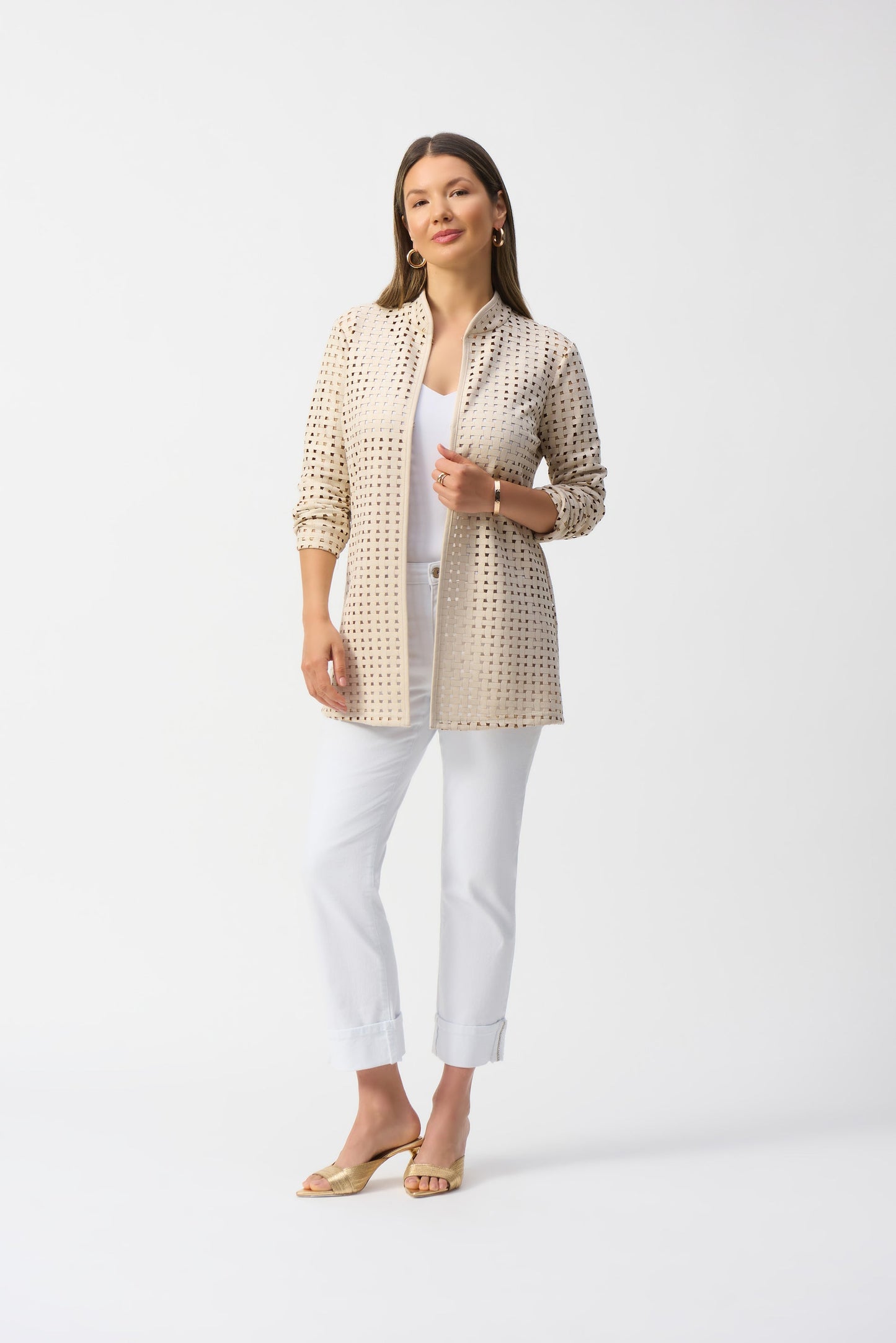Joseph Ribkoff  beige laser-cut suede jacket(