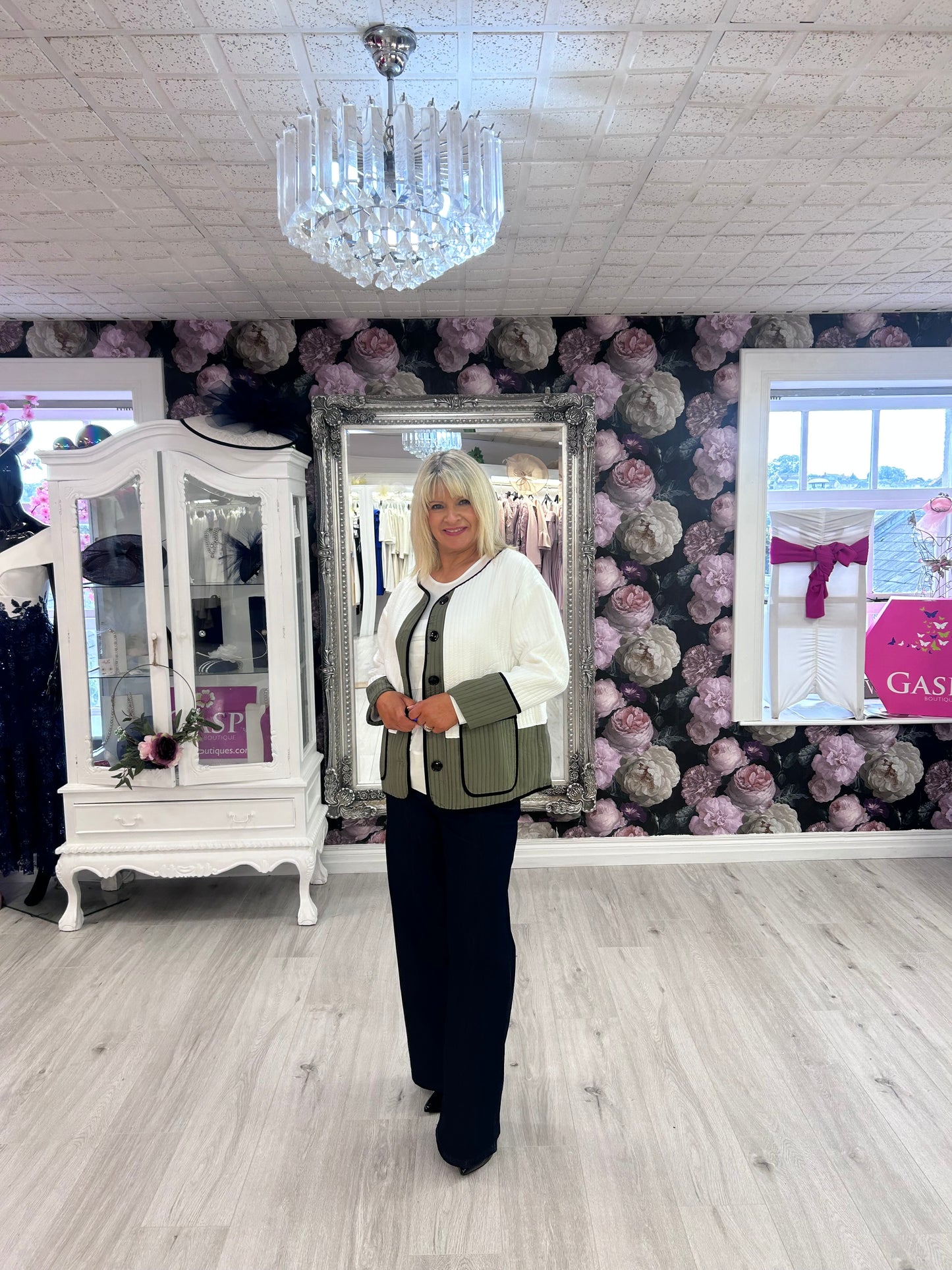 Inco Cream cardigan with Olive green.