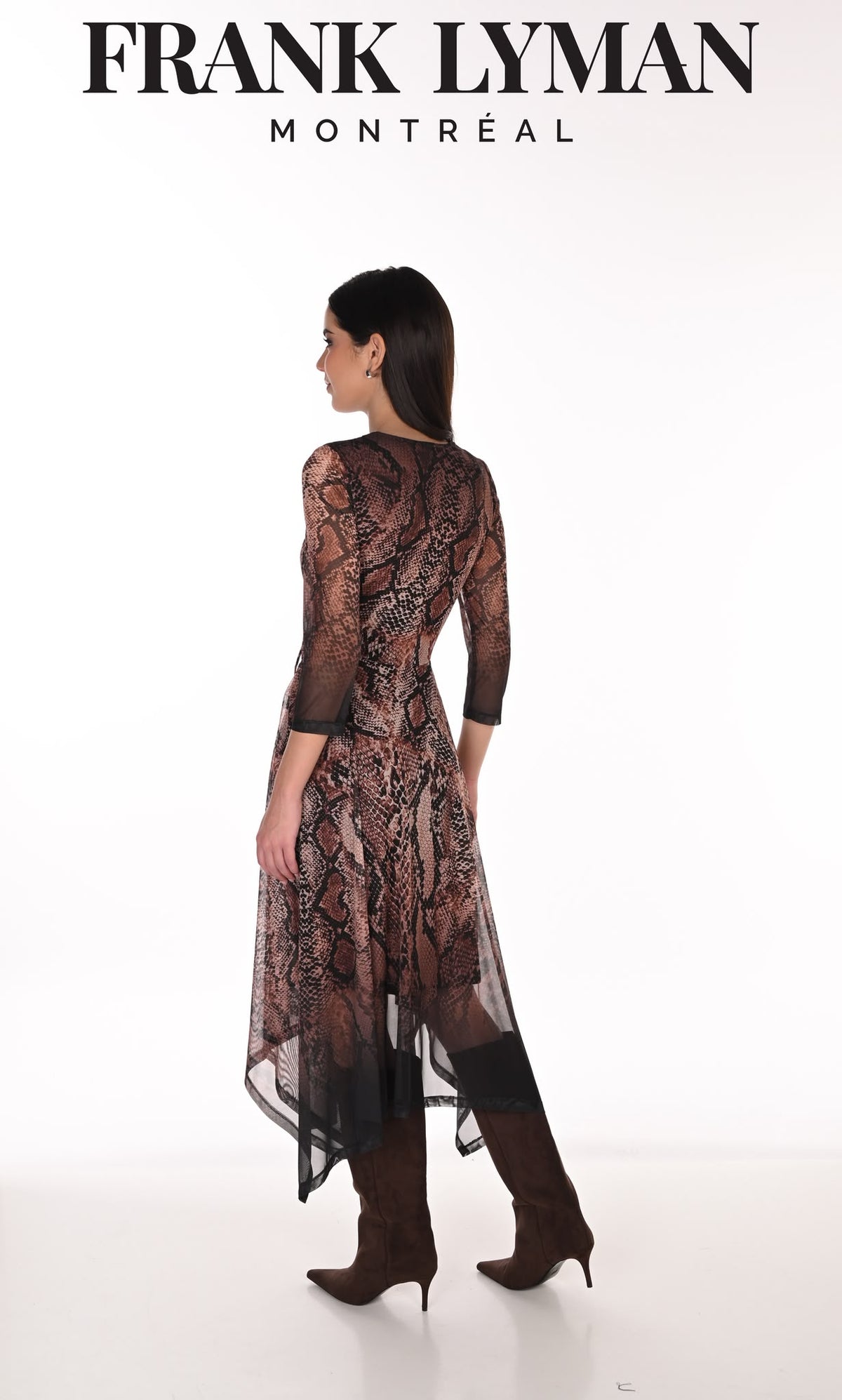 Title: Frank Lyman Brown Snake Print Asymmetric Mesh Dress