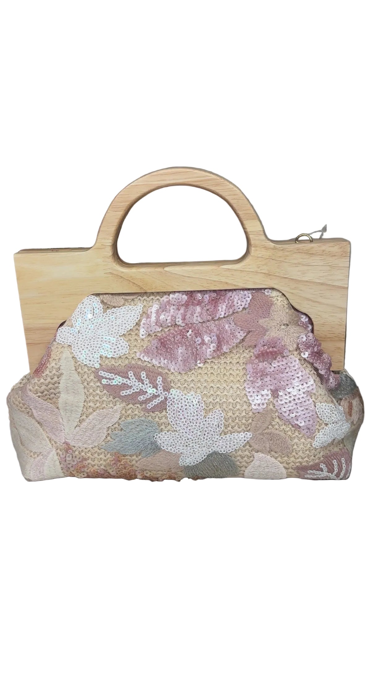 Beige & Pink Floral sequin grab clutch bag