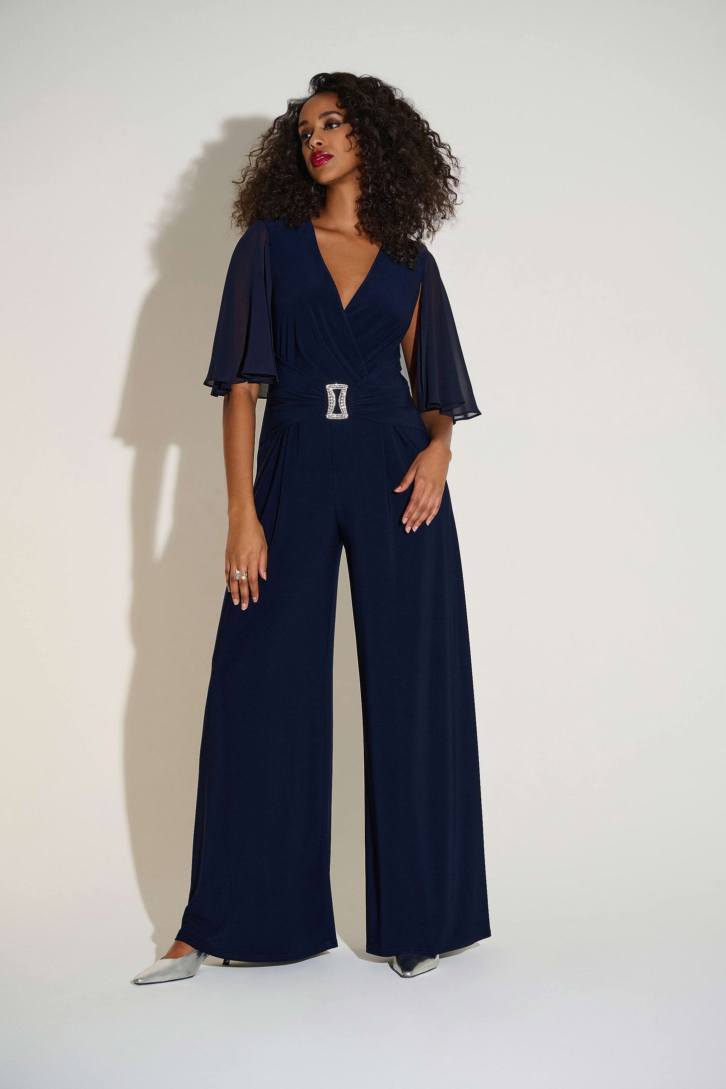 JOSEPH RIBKOFF 253723 Signature | Silky Knit & Chiffon Wide Leg Jumpsuit with Cape