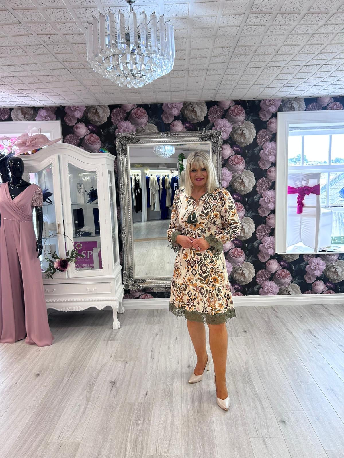 K Design Floral Print Dress with Khaki Crochet Trim – Style B114