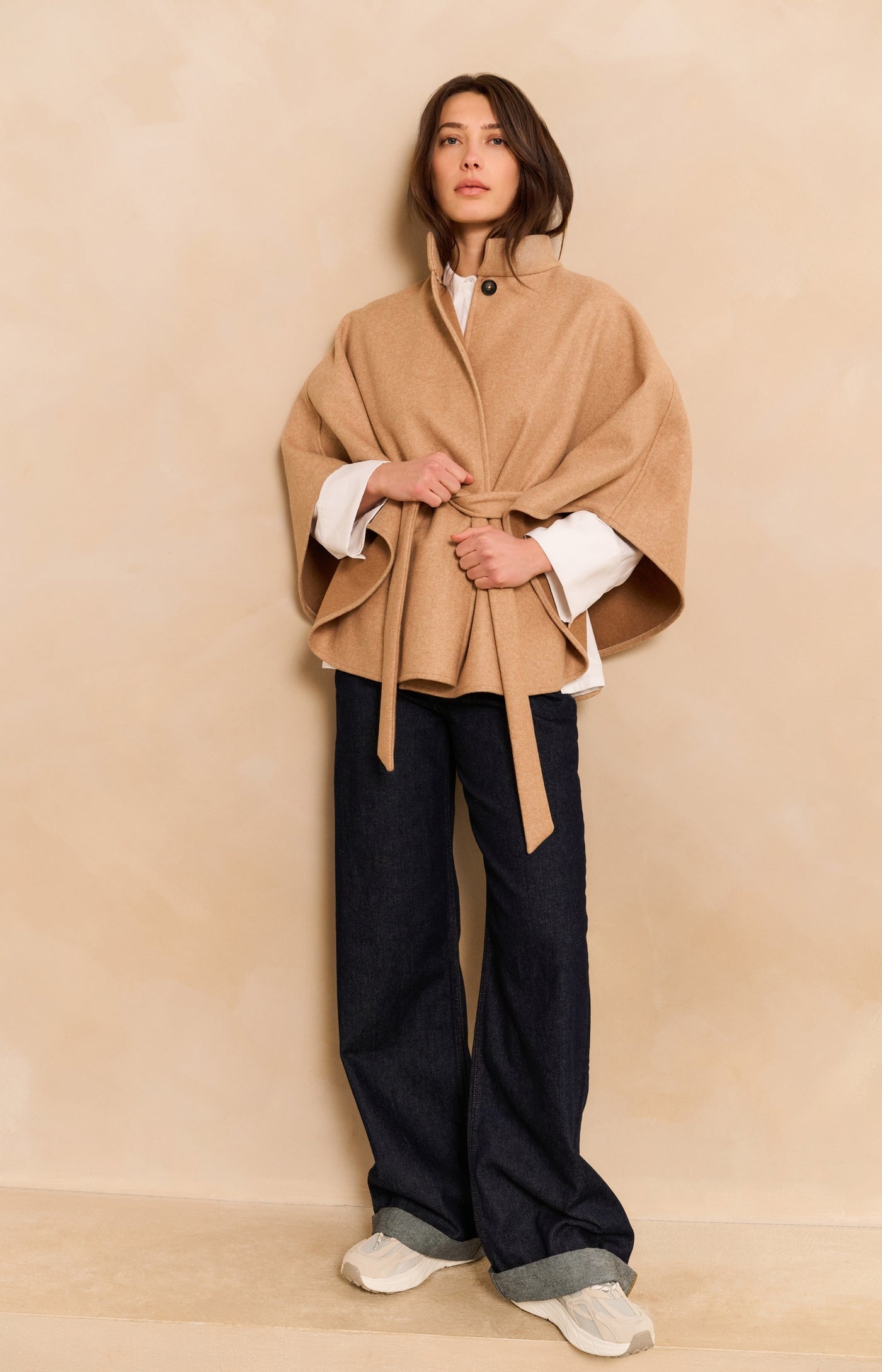 YAYA soft woven poncho with collar and belt in light camel melange