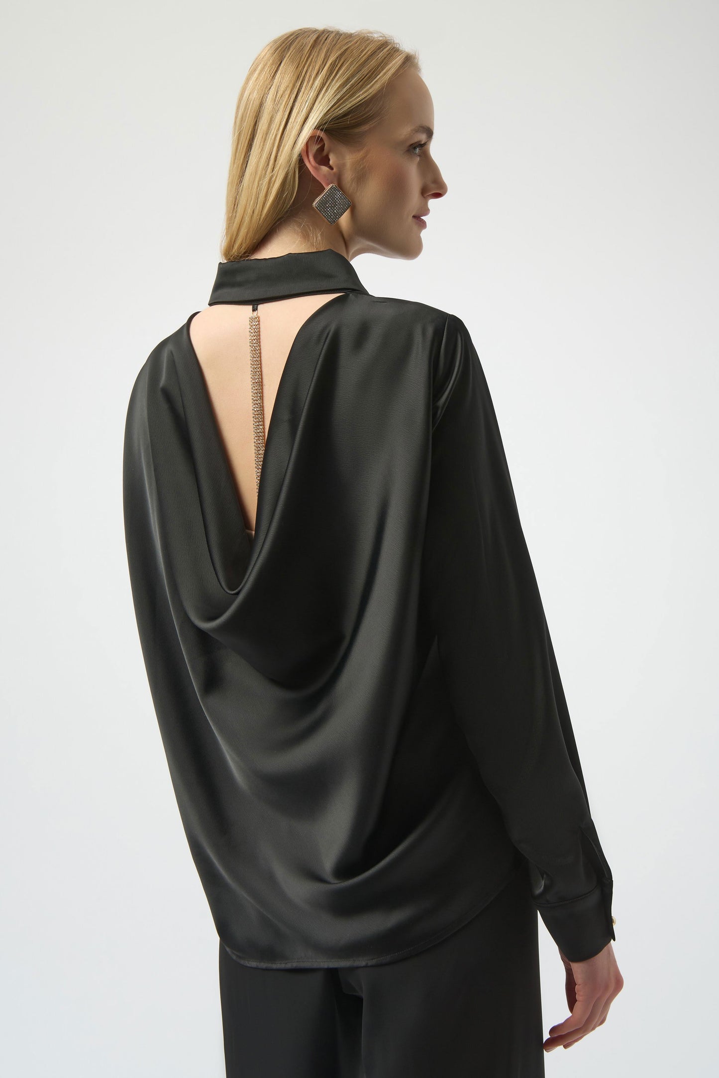 Satin Blouse with Back Cowl Neck and Rhinestone Detail
254967