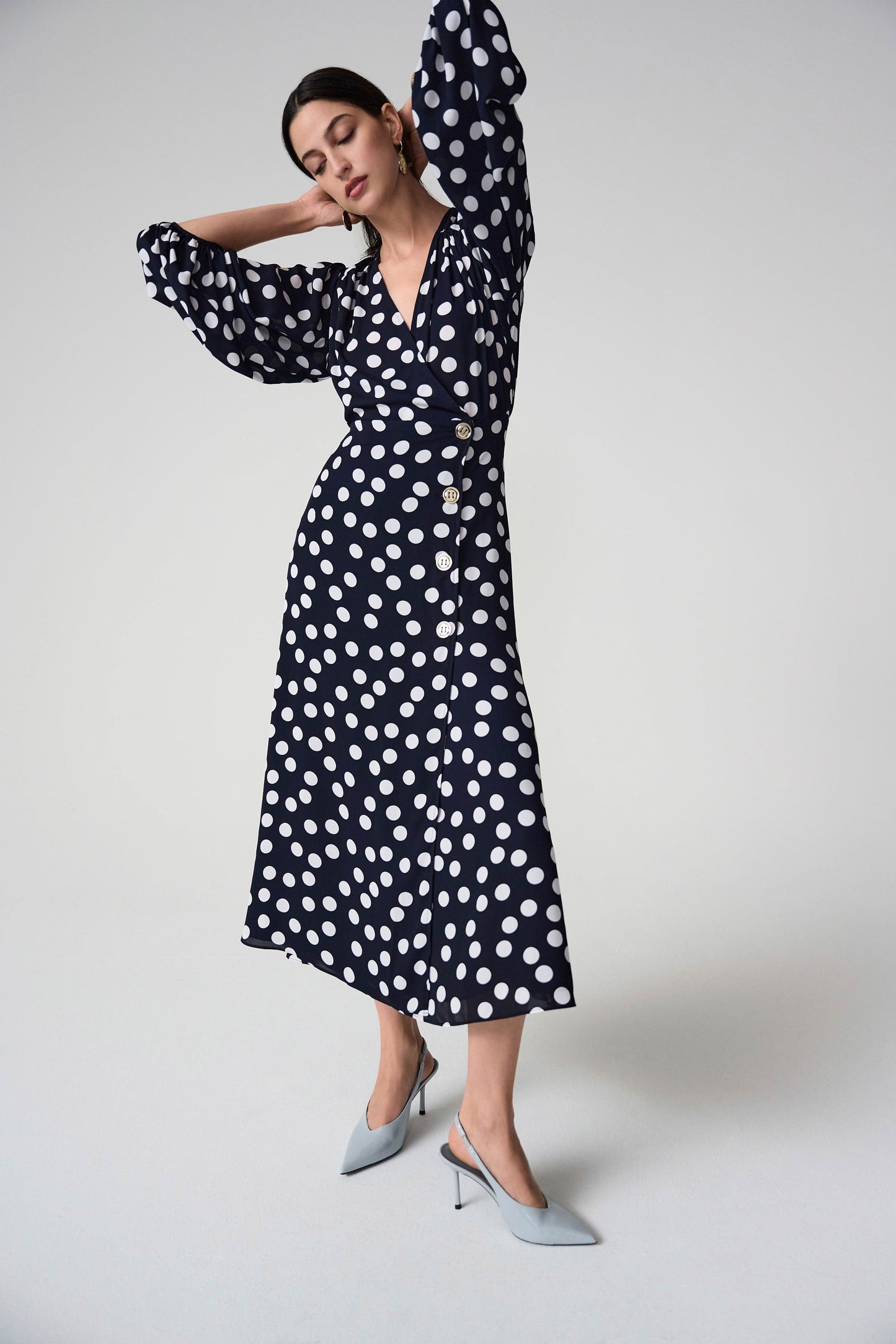 JOSEPH RIBKOFF 261901 Georgette Dot Print Wrap Dress With Puff Sleeves