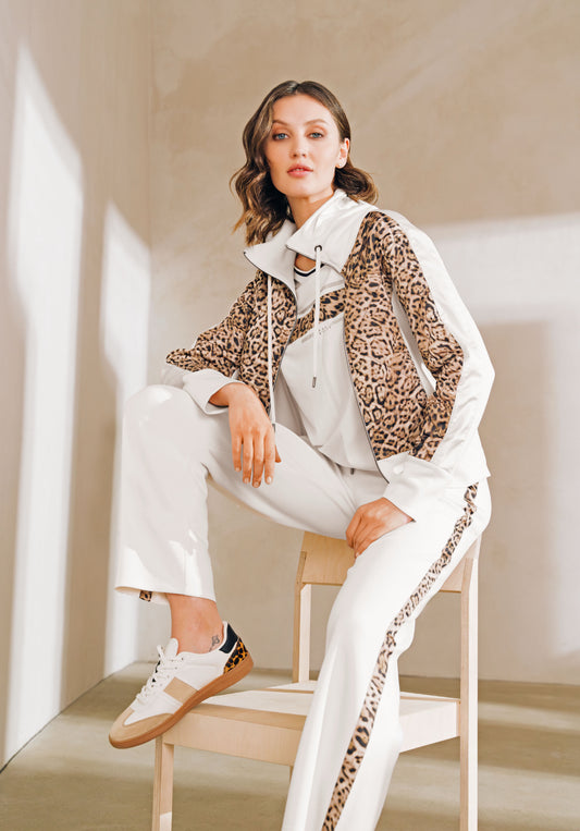 White/ivory Jogger-Style Trousers with Animal Print Trim